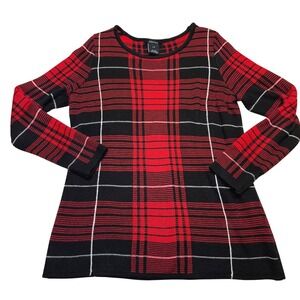 Alison Sheri Womens L/G Plaid‎ Long Sleeve Sweater Red Black White Knit